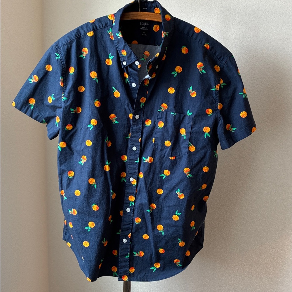 J. Crew Factory oxford slim style short sleeve orange fruit navy blue EUC sz XL